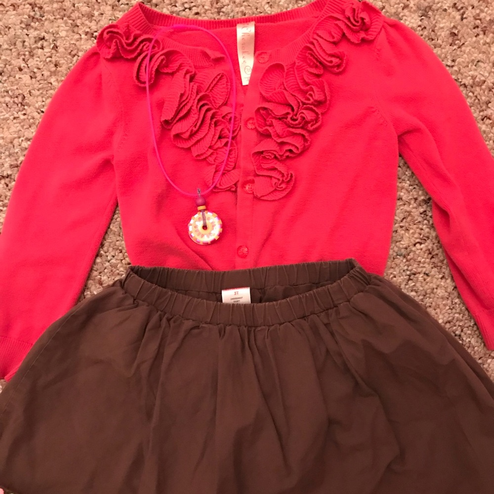 Floral cardigan, brown skirt